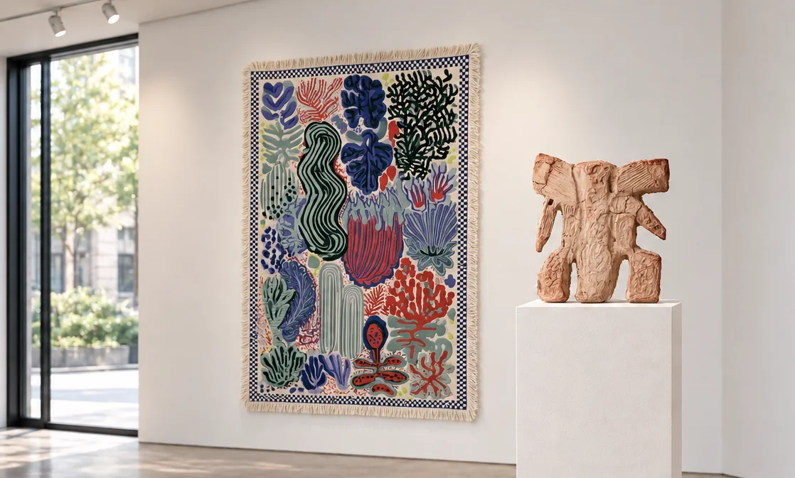 Patterned rug on a gallery wall beside a terracotta sculpture on a plinth