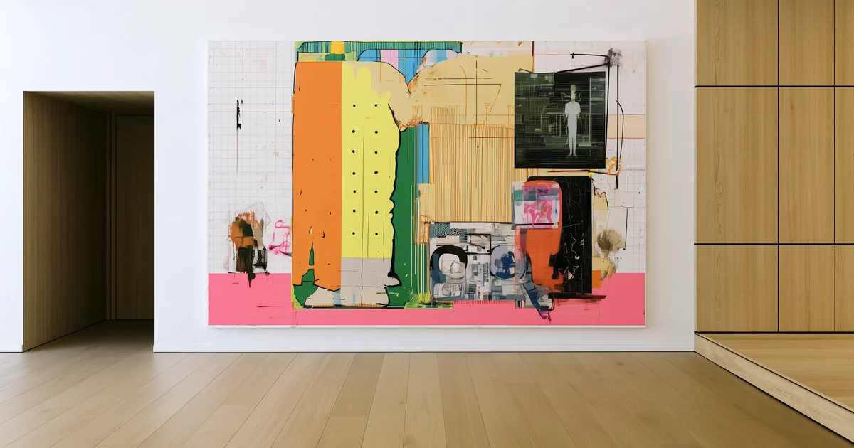 Large abstract painting hung on a white wall in a gallery with oak floors